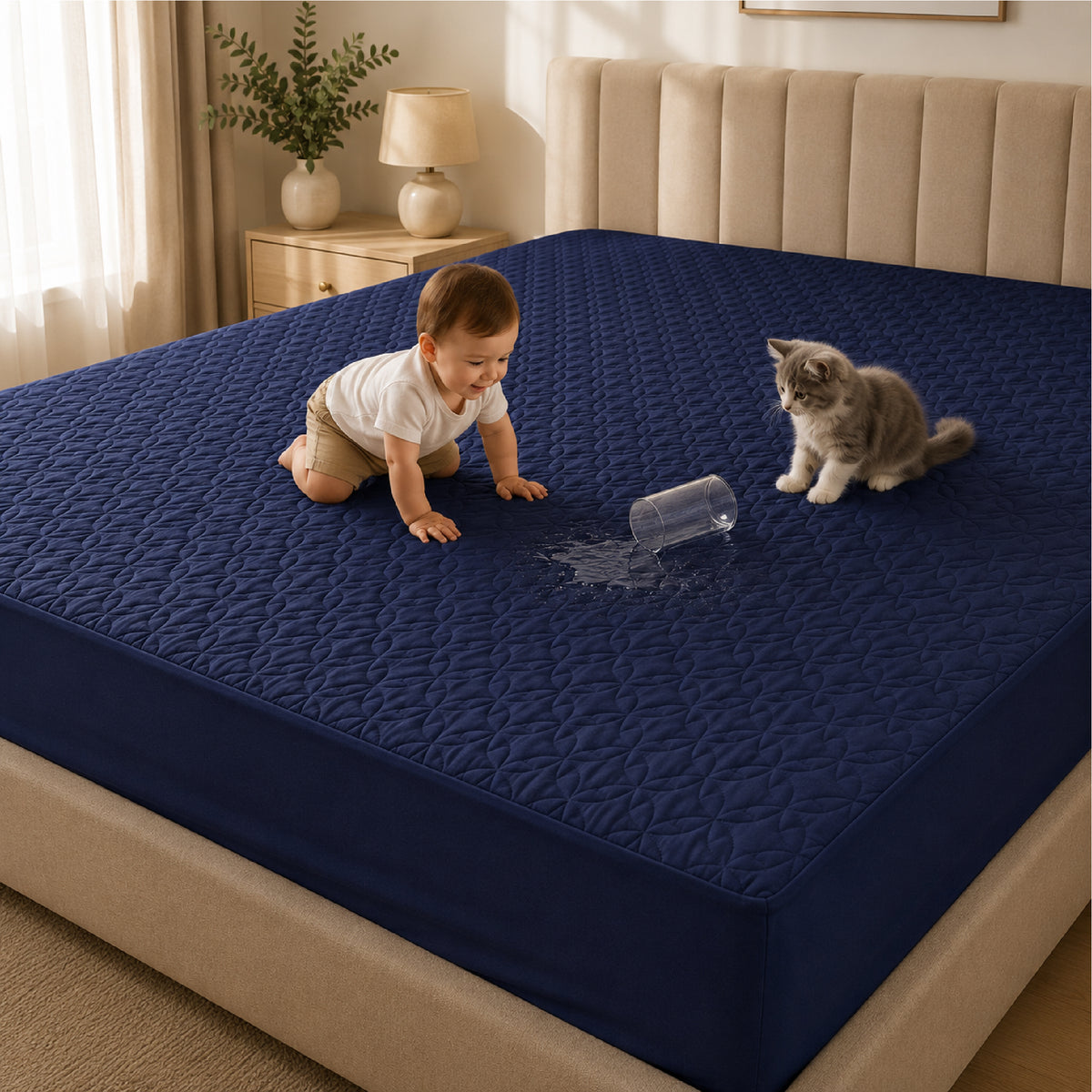 Quilted Waterproof Mattress Protect - Blue