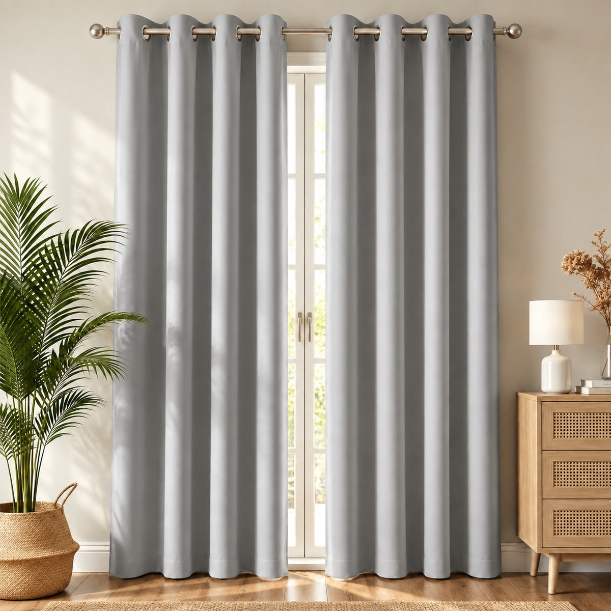 Set Of 2 Plain Light Grey Window Curtains Panels