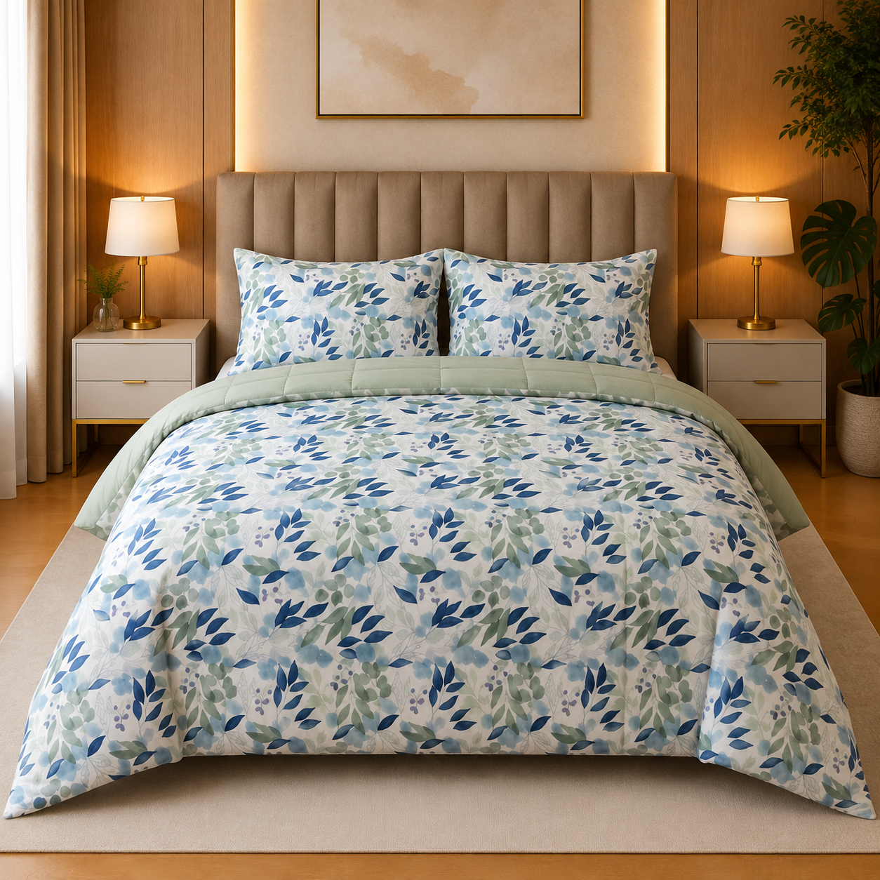 Sage & Blue Leafy Floral Percale Cotton Bed Sheet Set
