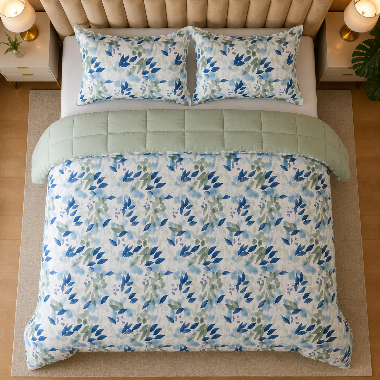 Sage & Blue Leafy Floral Percale Cotton Bed Sheet Set