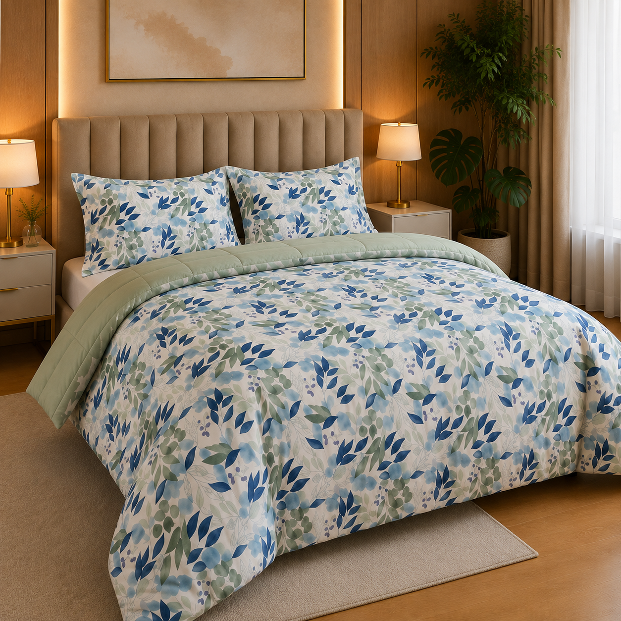 Sage & Blue Leafy Floral Percale Cotton Bed Sheet Set
