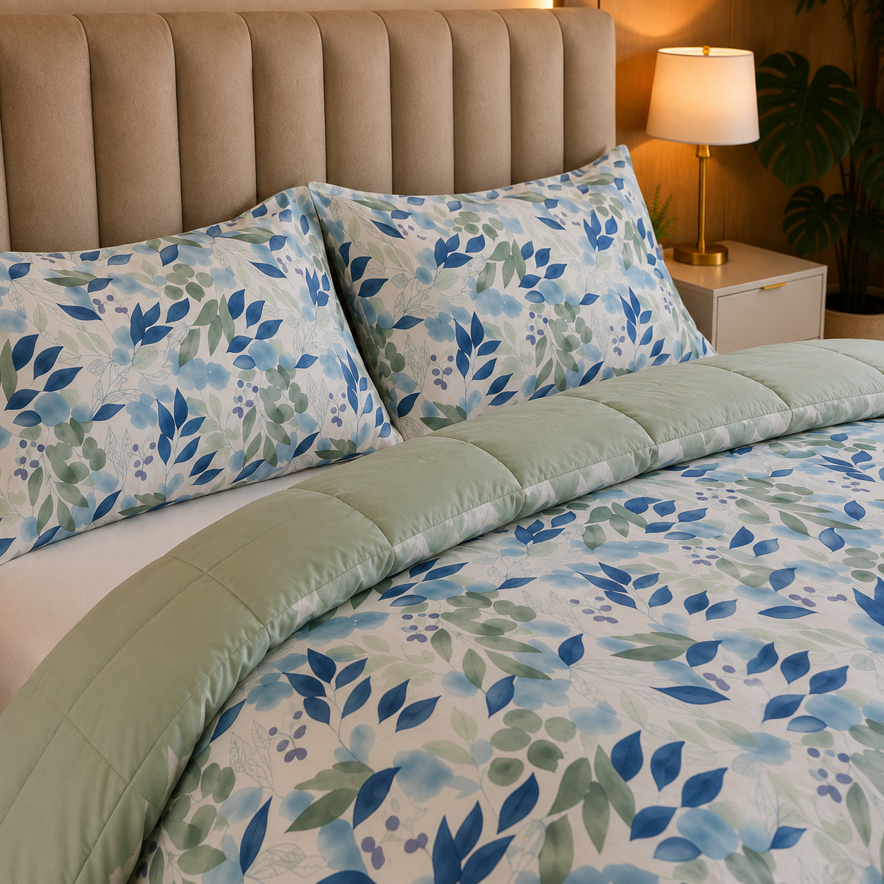 Sage & Blue Leafy Floral Percale Cotton Bed Sheet Set
