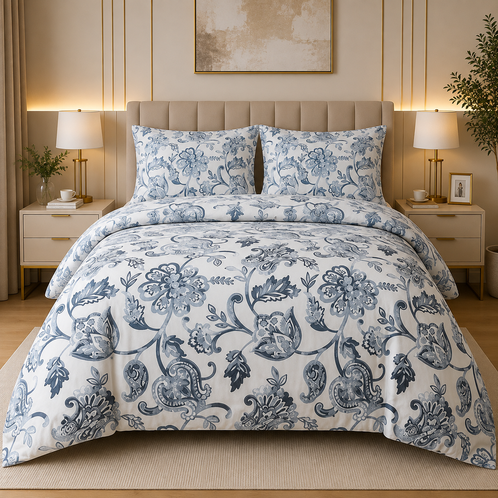 Classic Indigo Toile Percale Cotton Printed Quilt Cover Set