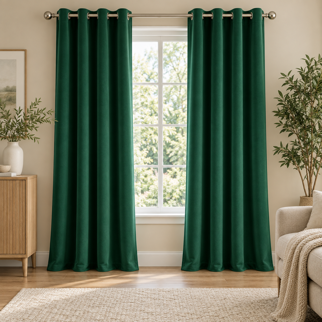 Set Of 2 Plain Green Window Curtains Panels