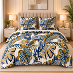 Indigo Mustard Leaf Percale Cotton Bed Sheet Set