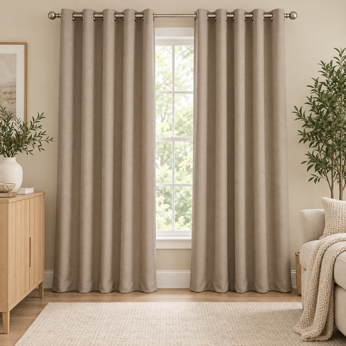 Set Of 2 Plain Beige Window Curtains Panels