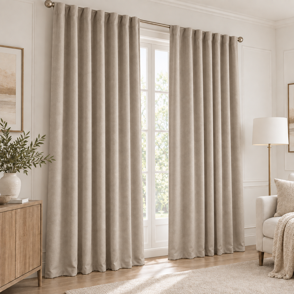 Set Of 2 Plain Beige Window Curtains Panels