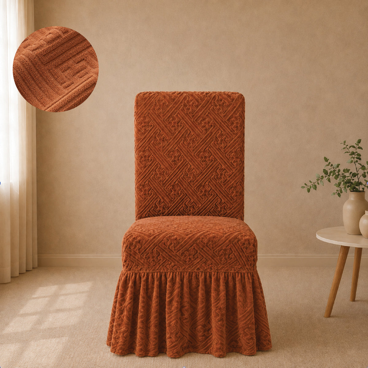 Stripe Tile Jaquard Frilled Chair Cover Sets - Copper