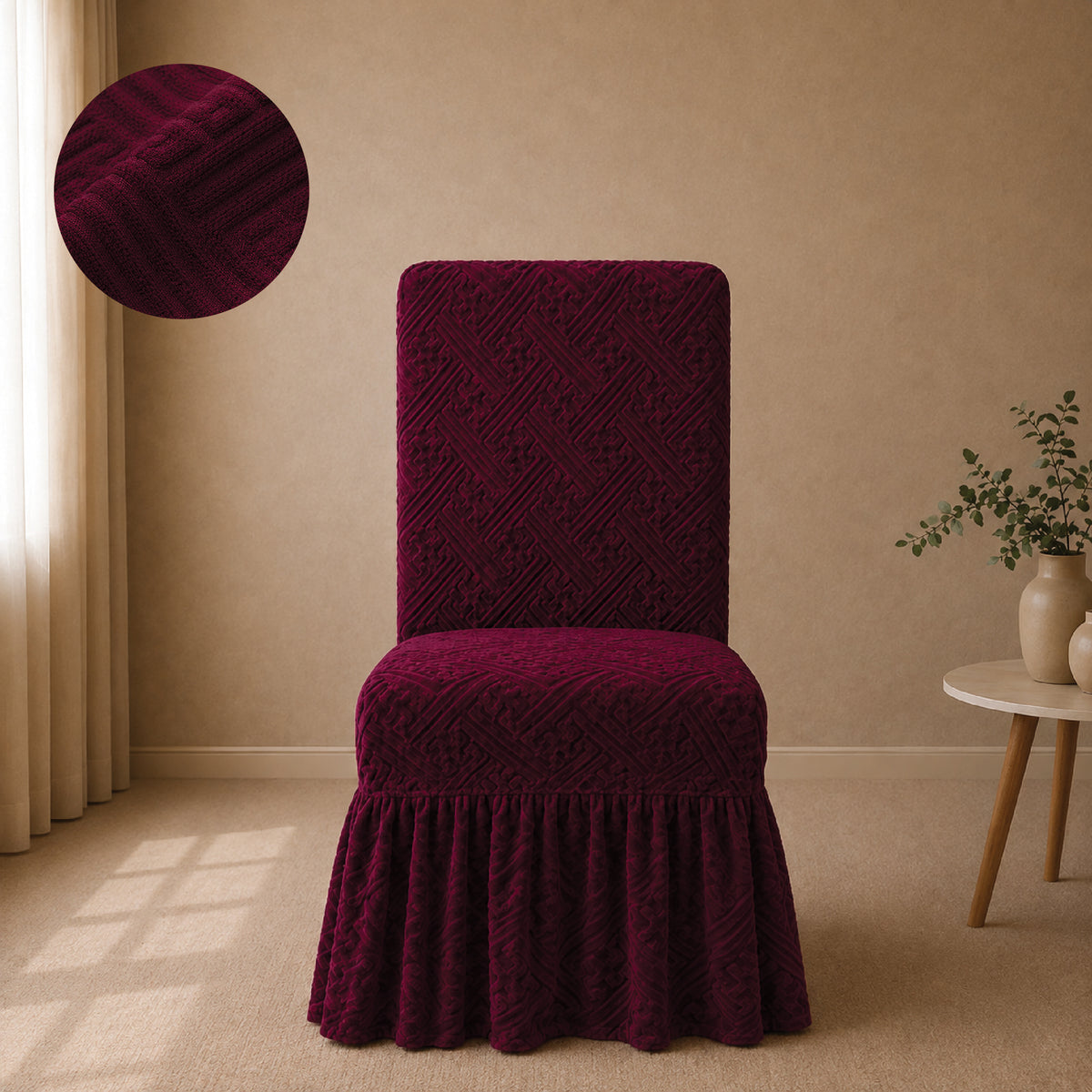 Stripe Tile Jaquard Frilled Chair Cover Sets - Maroon