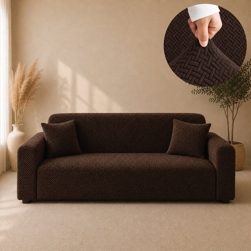 Stripe Tile Jacquard Fitted Sofa Cover - Brown