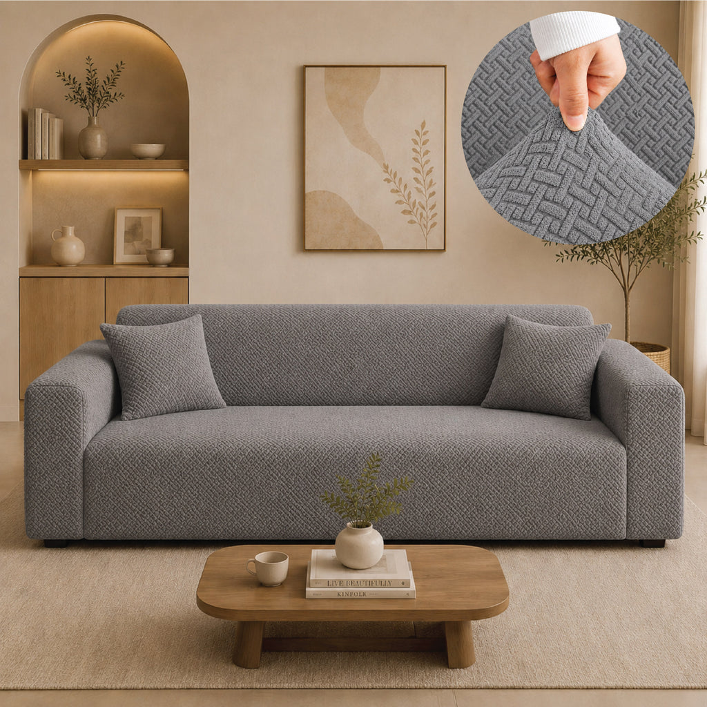 Stripe Tile Jacquard Fitted Sofa Cover - Grey