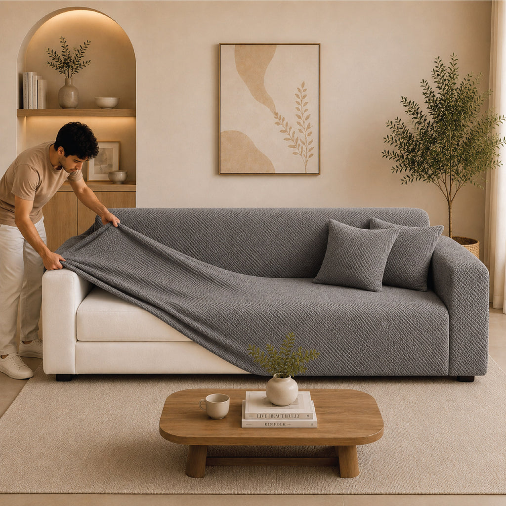 Stripe Tile Jacquard Fitted Sofa Cover - Grey