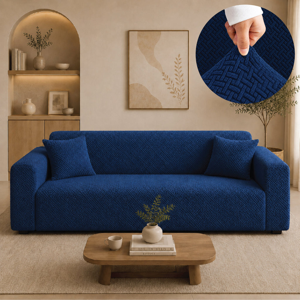 Stripe Tile Jacquard Fitted Sofa Cover - Blue