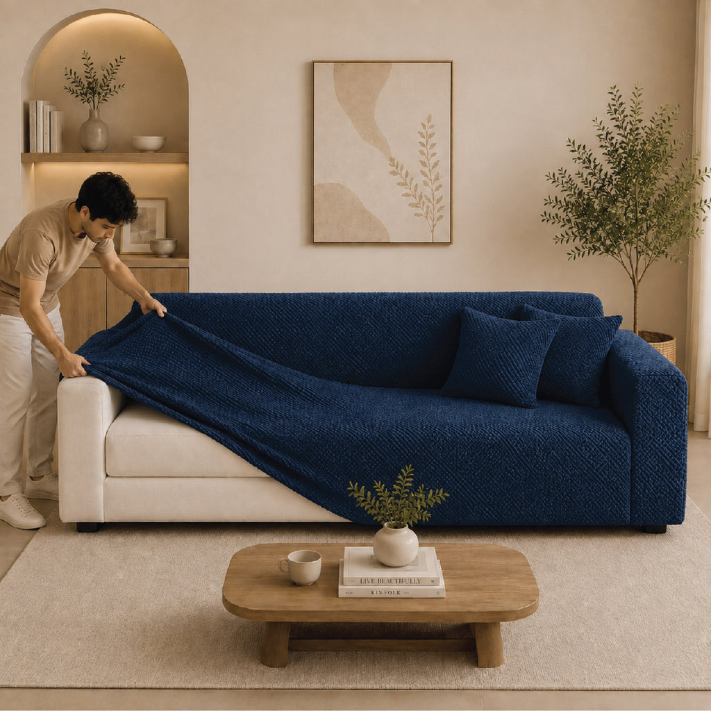 Stripe Tile Jacquard Fitted Sofa Cover - Blue