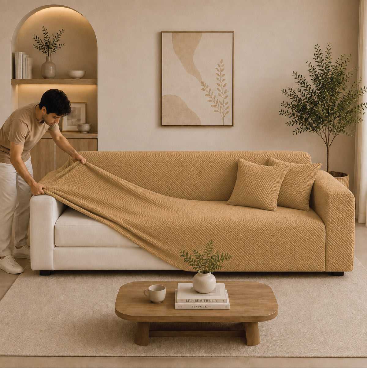 Stripe Tile Jacquard Fitted Sofa Cover - Golden