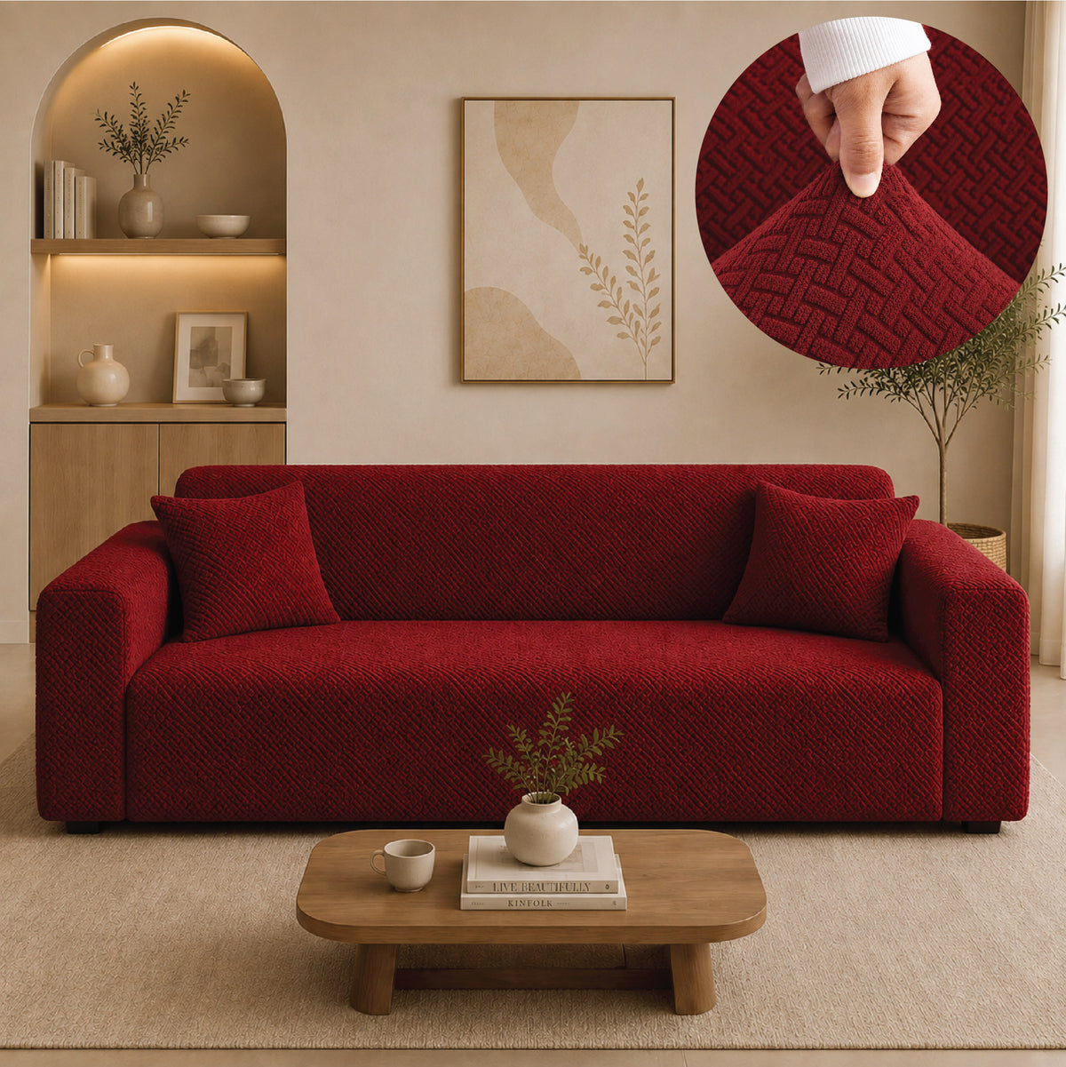 Stripe Tile Jacquard Fitted Sofa Cover - Maroon