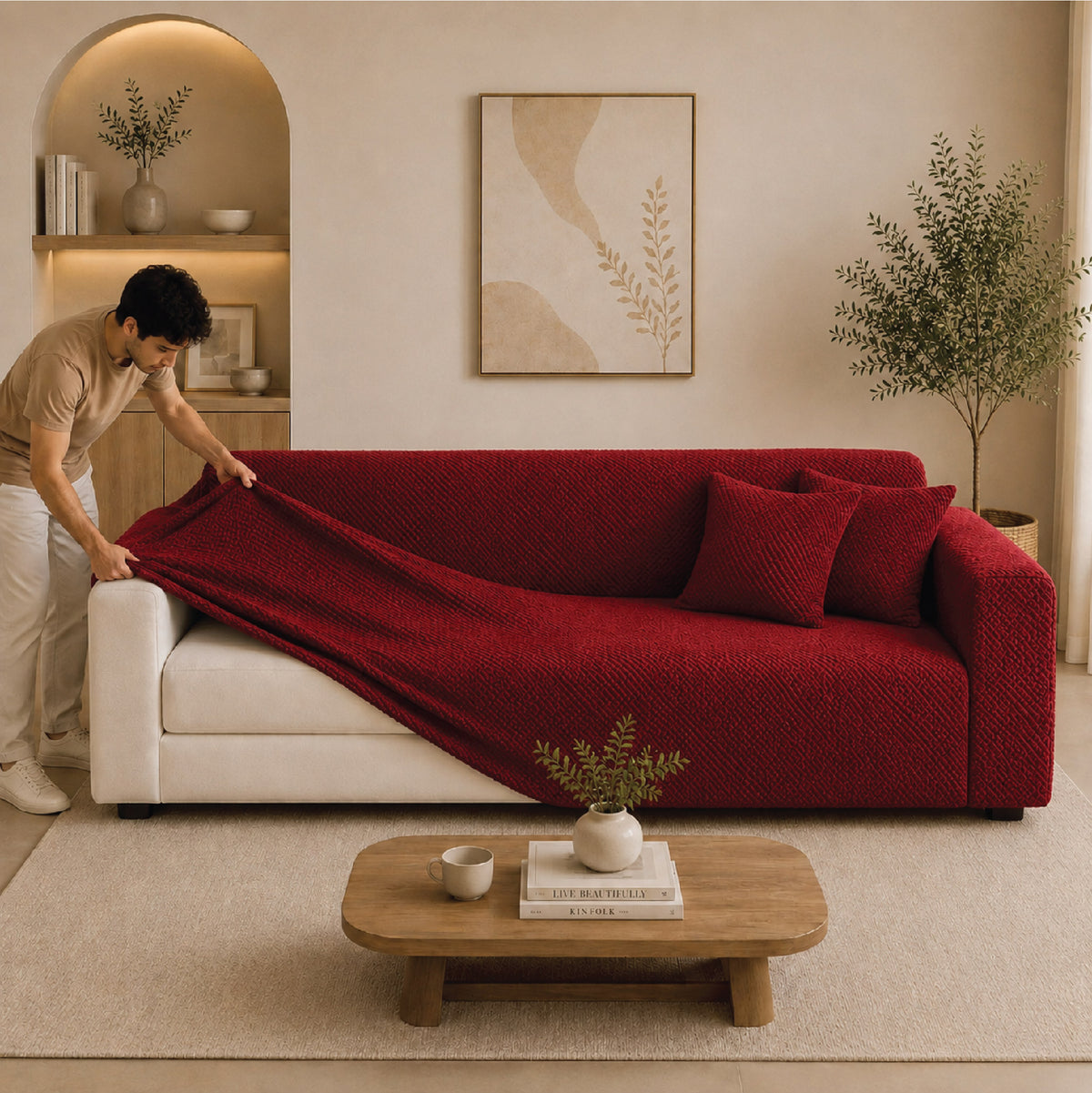 Stripe Tile Jacquard Fitted Sofa Cover - Maroon