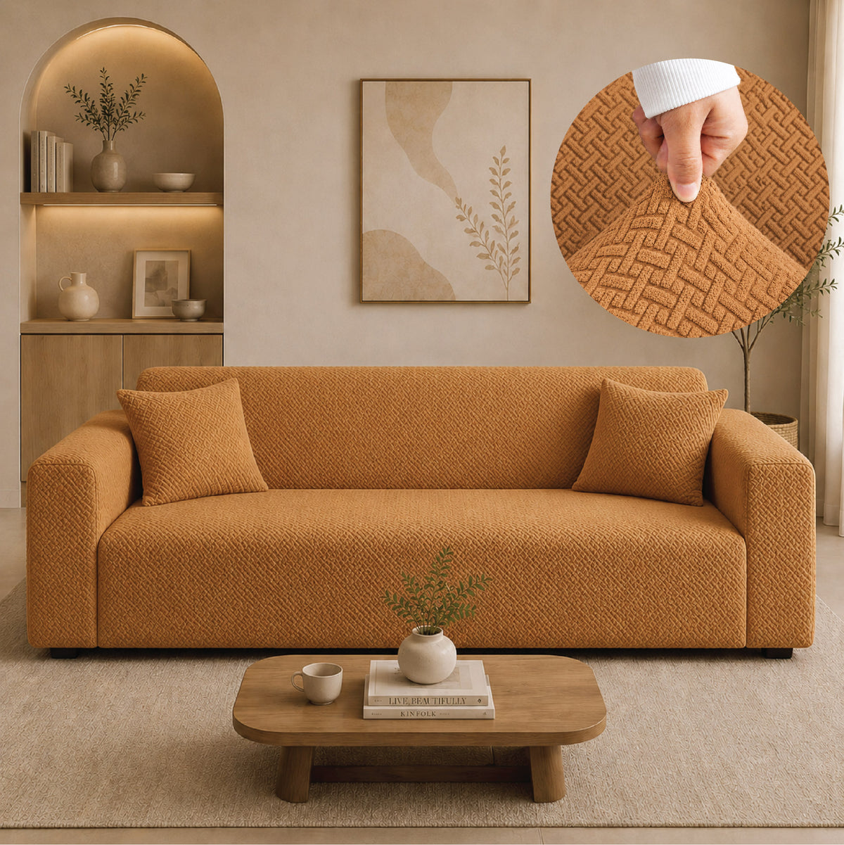Stripe Tile Jacquard Fitted Sofa Cover - Copper
