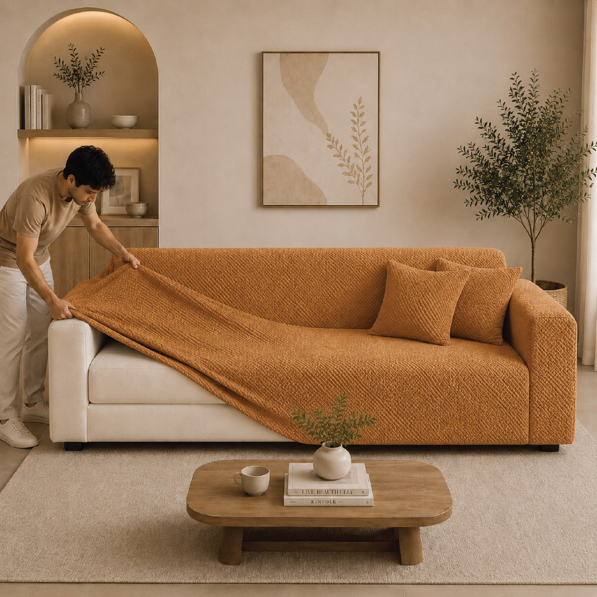 Stripe Tile Jacquard Fitted Sofa Cover - Copper