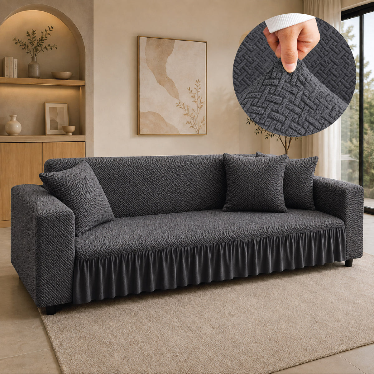 Stripe Tile Jacquard Frilled Sofa Cover - Grey