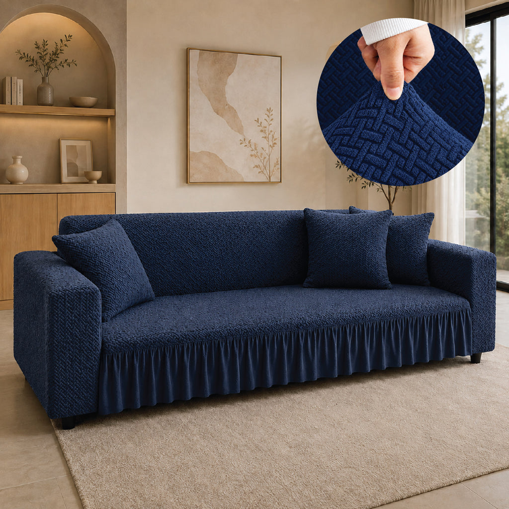 Stripe Tile Jacquard Frilled Sofa Cover - Blue