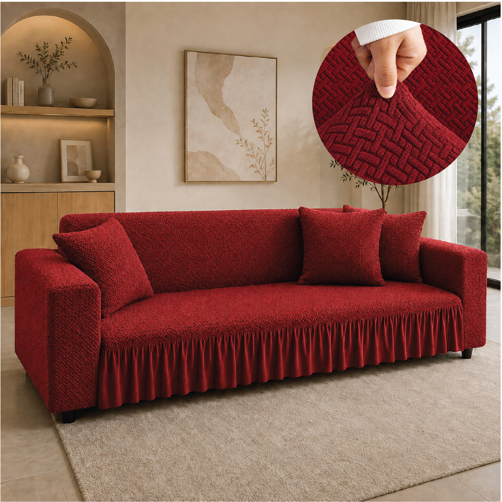 Stripe Tile Jacquard Frilled Sofa Cover - Maroon