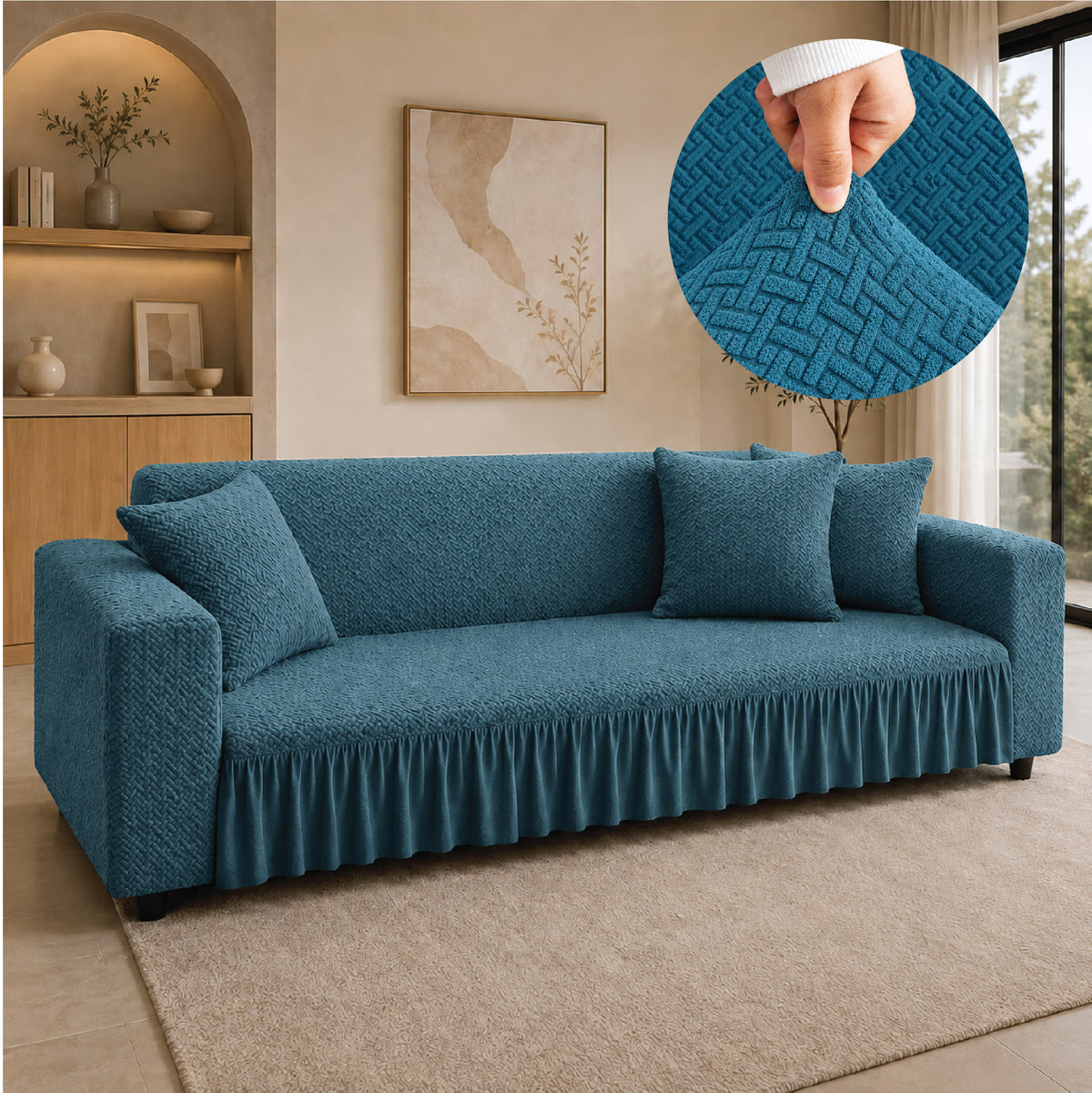 Stripe Tile Jacquard Frilled Sofa Cover - Zink
