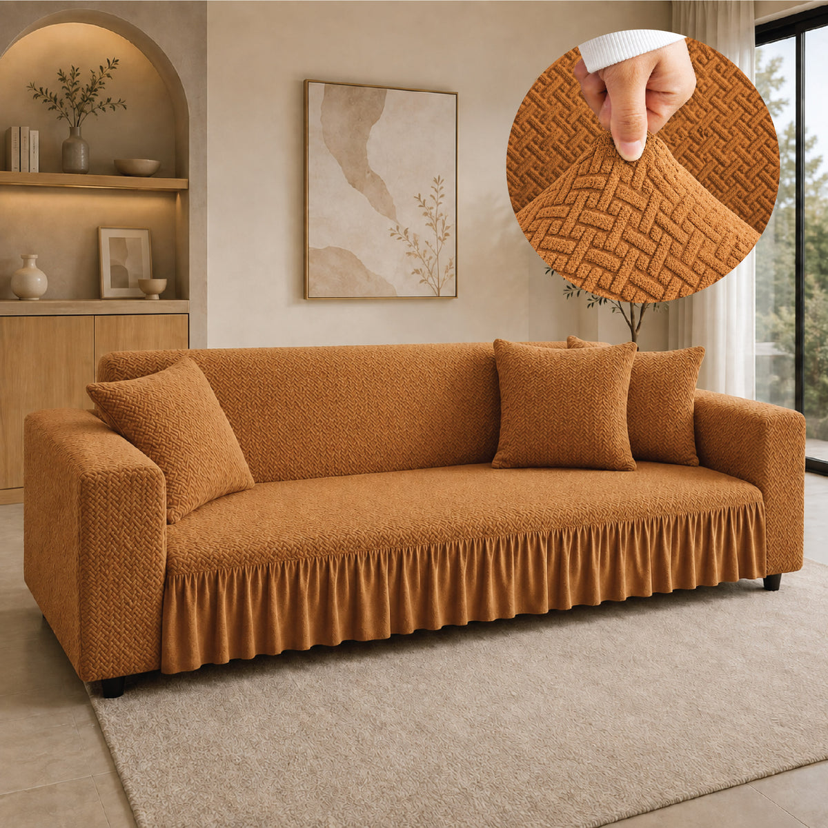 Stripe Tile Jacquard Frilled Sofa Cover - Copper