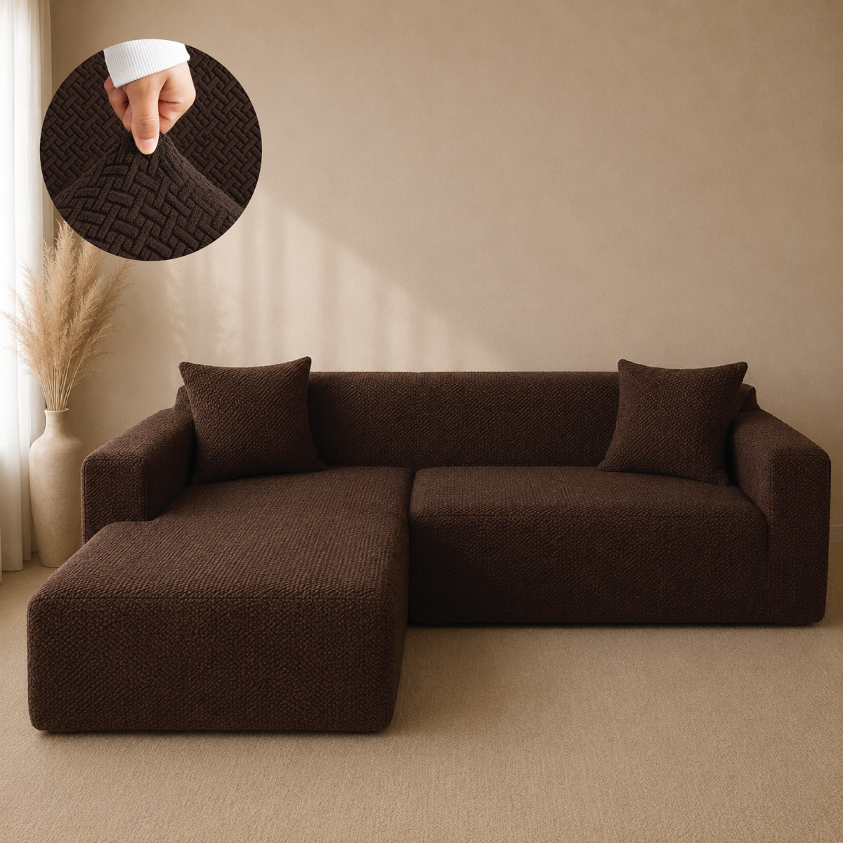 Stripe Tile Jacquard Fitted L Shape Sofa Cover - Brown
