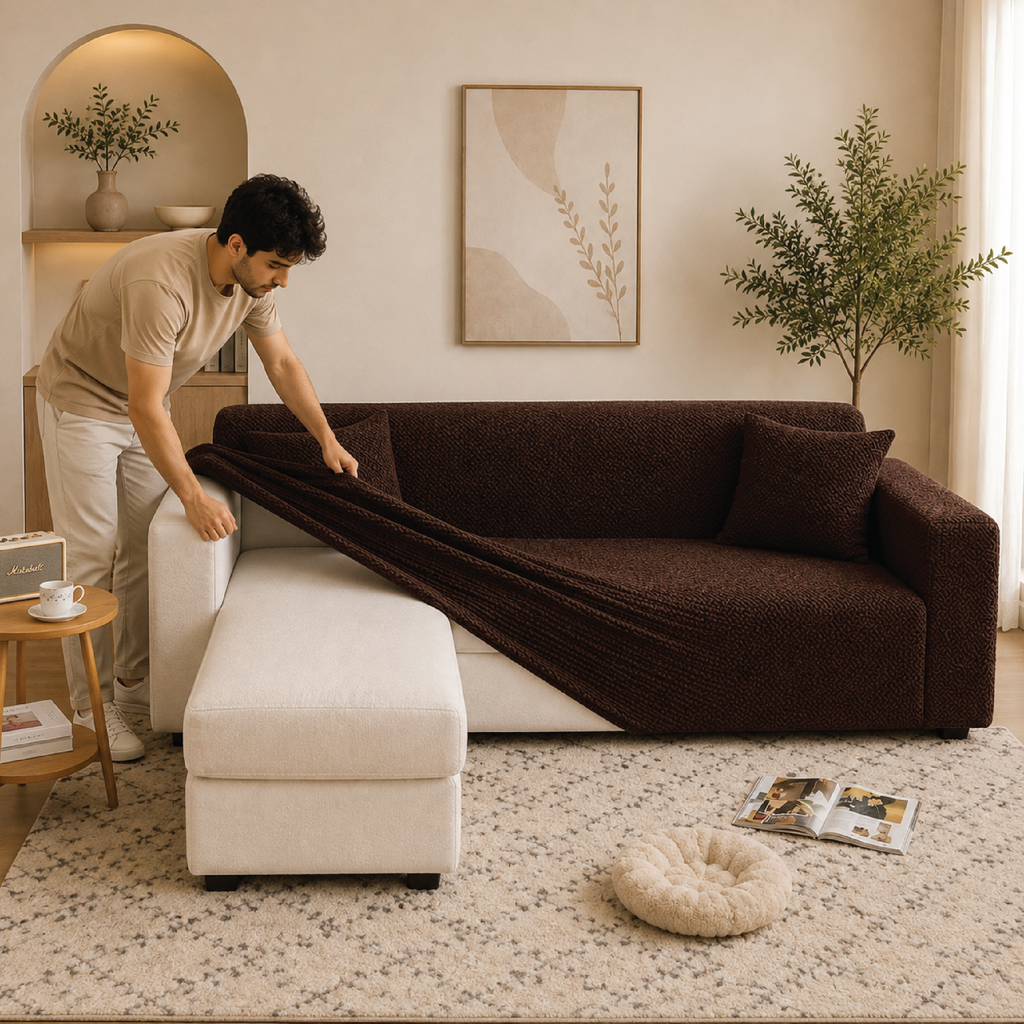 Stripe Tile Jacquard Fitted L Shape Sofa Cover - Brown