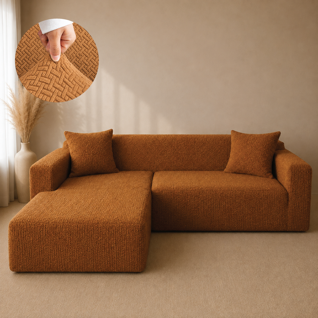 Stripe Tile Jacquard Fitted L Shape Sofa Cover - Copper