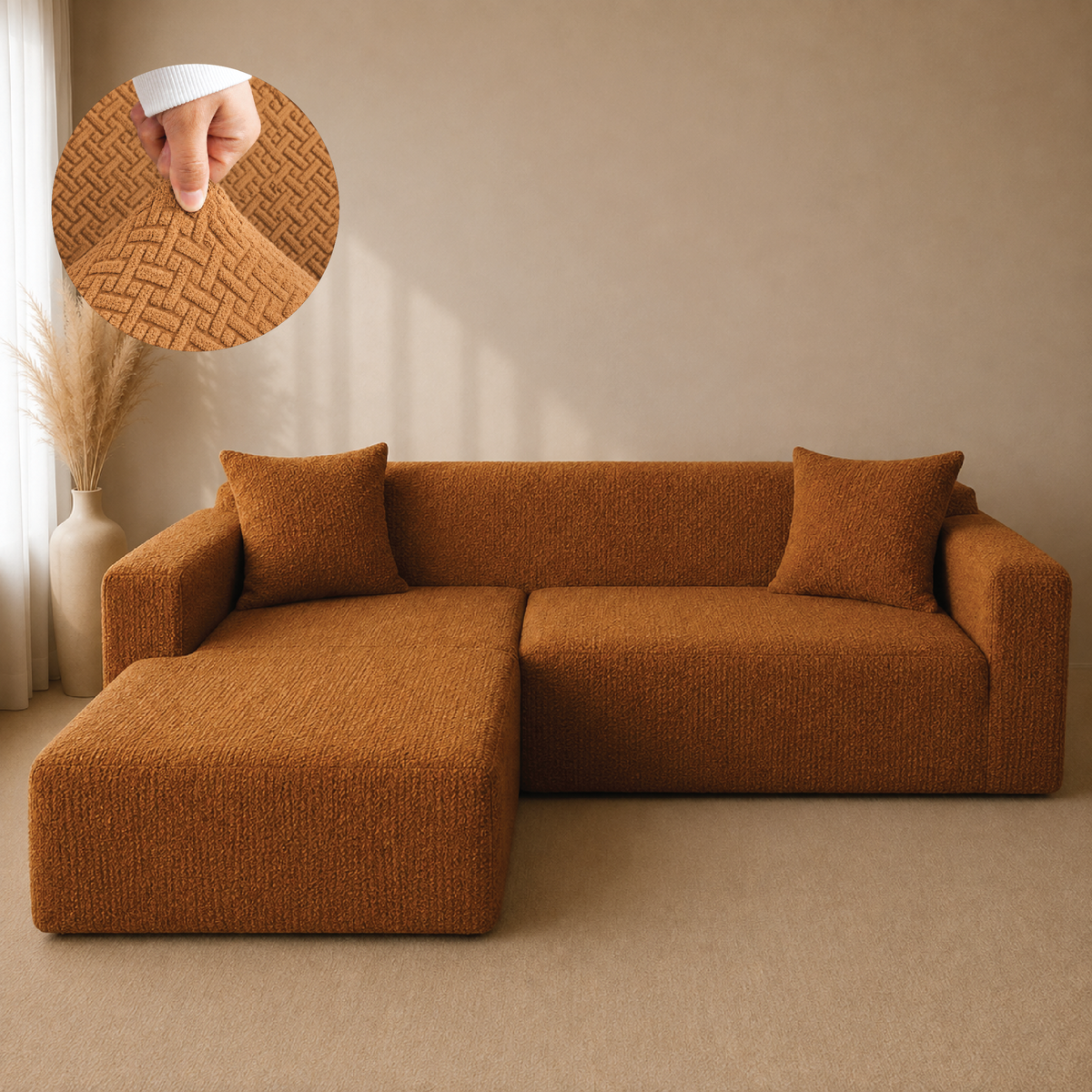 Stripe Tile Jacquard Fitted L Shape Sofa Cover - Copper