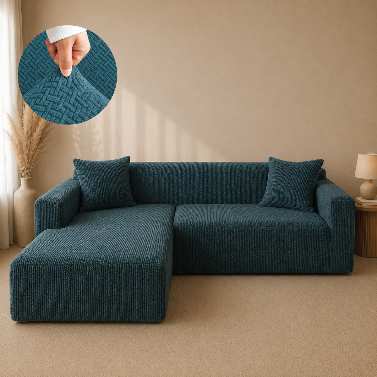 Stripe Tile Jacquard Fitted L Shape Sofa Cover - Zink