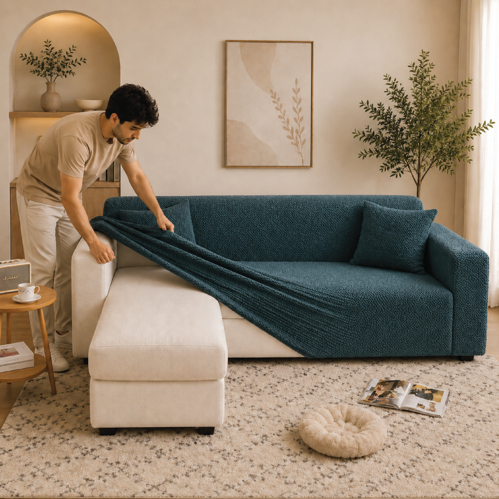 Stripe Tile Jacquard Fitted L Shape Sofa Cover - Zink