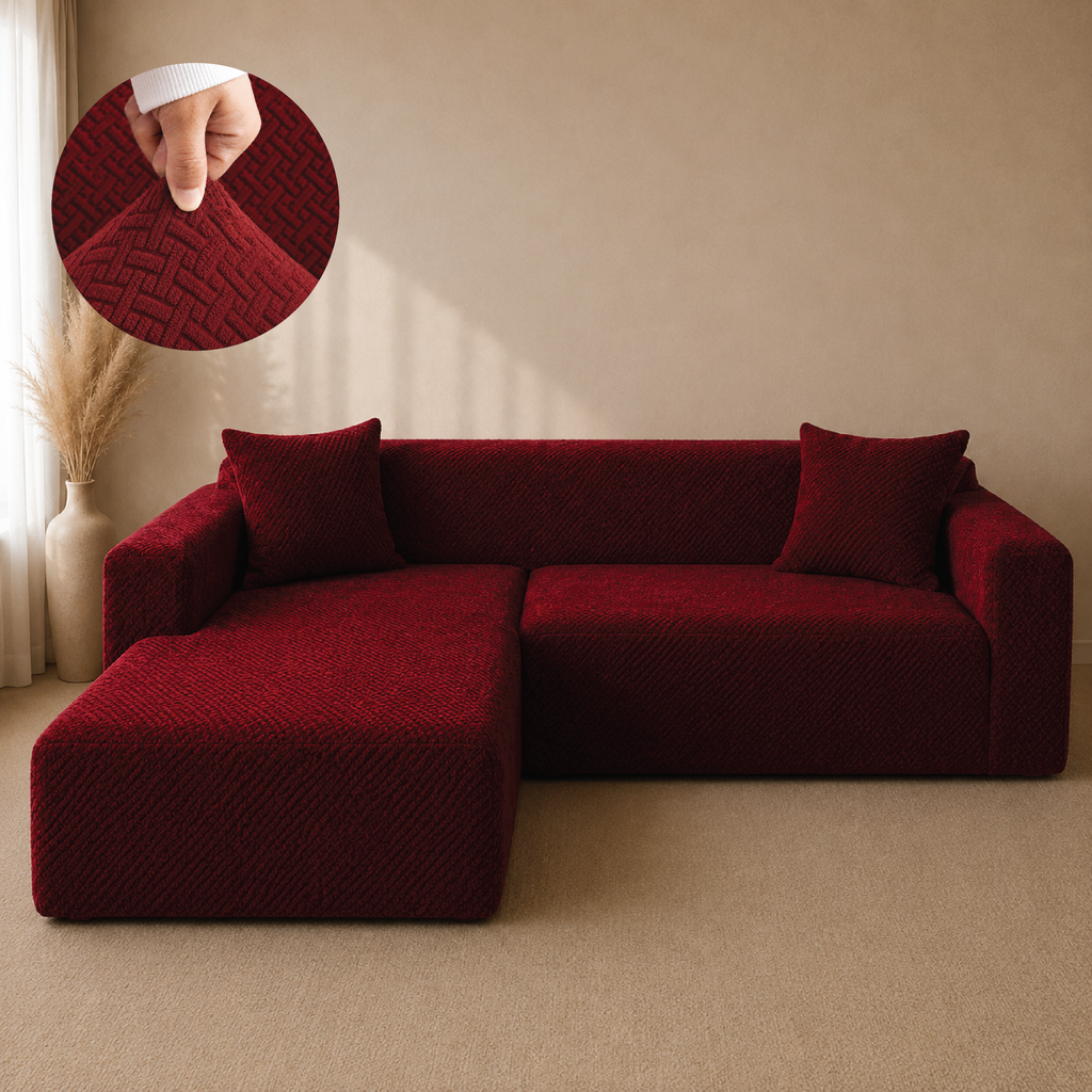 Stripe Tile Jacquard Fitted L Shape Sofa Cover - Maroon