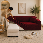Stripe Tile Jacquard Fitted L Shape Sofa Cover - Maroon