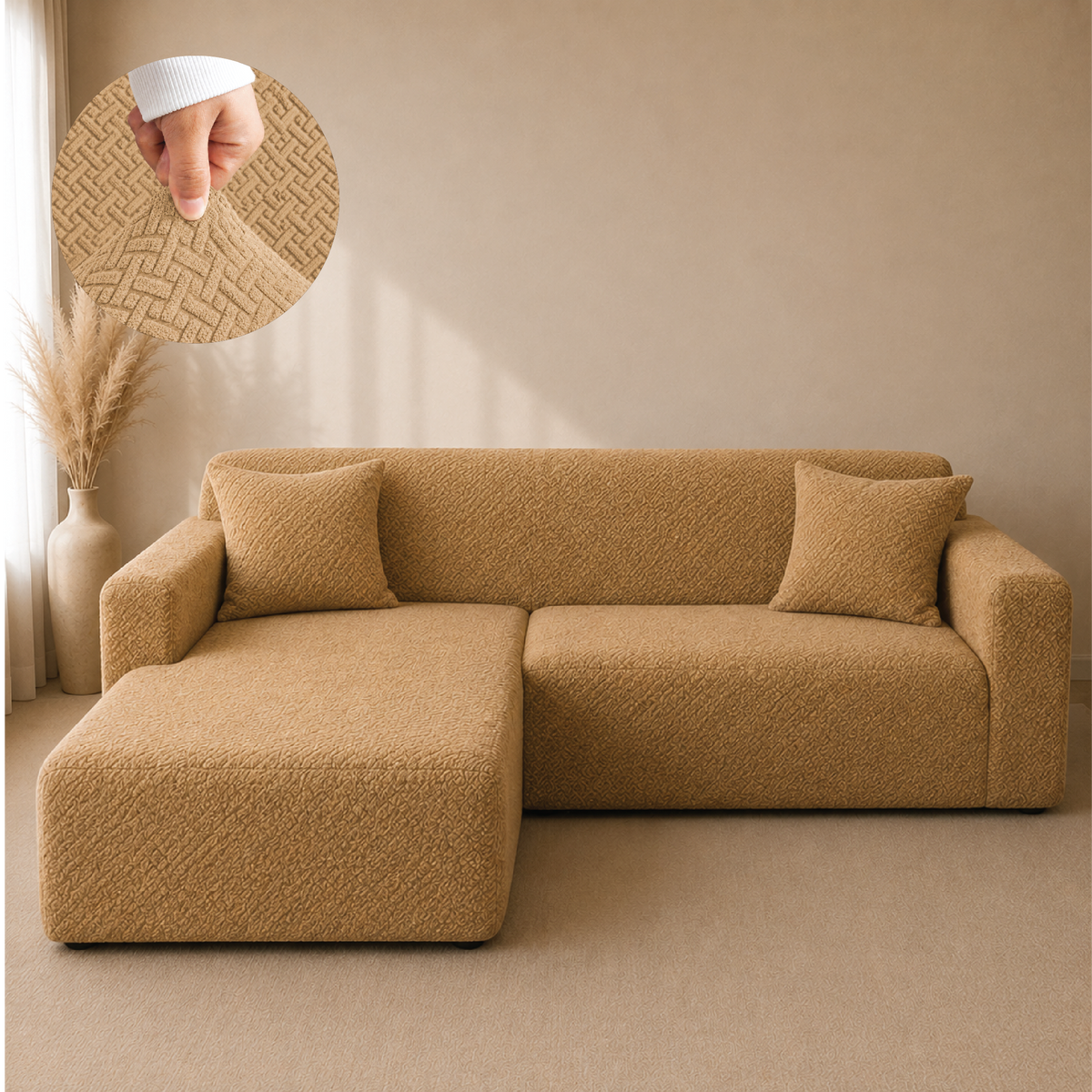 Stripe Tile Jacquard Fitted L Shape Sofa Cover - Golden