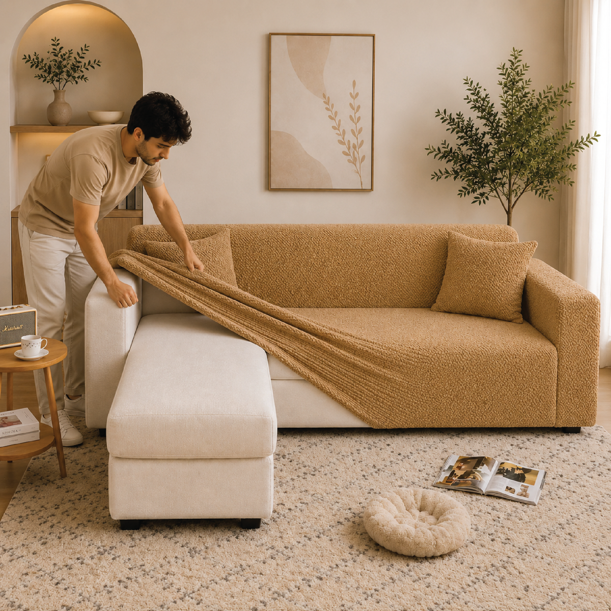 Stripe Tile Jacquard Fitted L Shape Sofa Cover - Golden