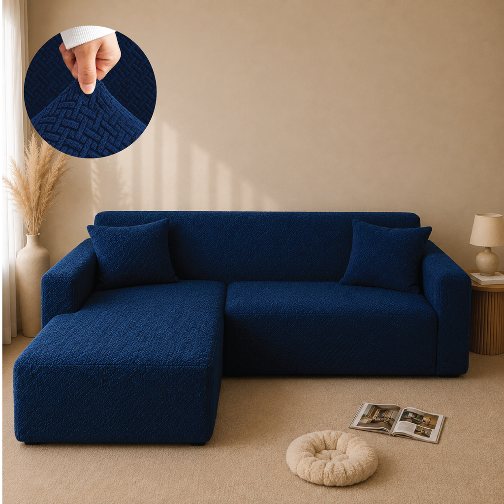 Stripe Tile Jacquard Fitted L Shape Sofa Cover - Blue