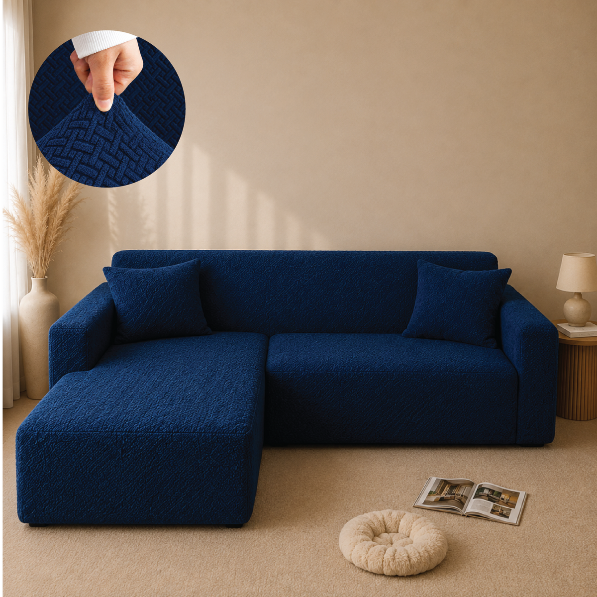 Stripe Tile Jacquard Fitted L Shape Sofa Cover - Blue