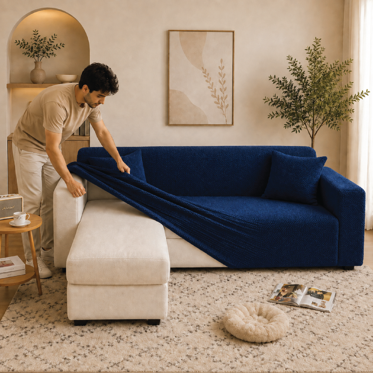 Stripe Tile Jacquard Fitted L Shape Sofa Cover - Blue