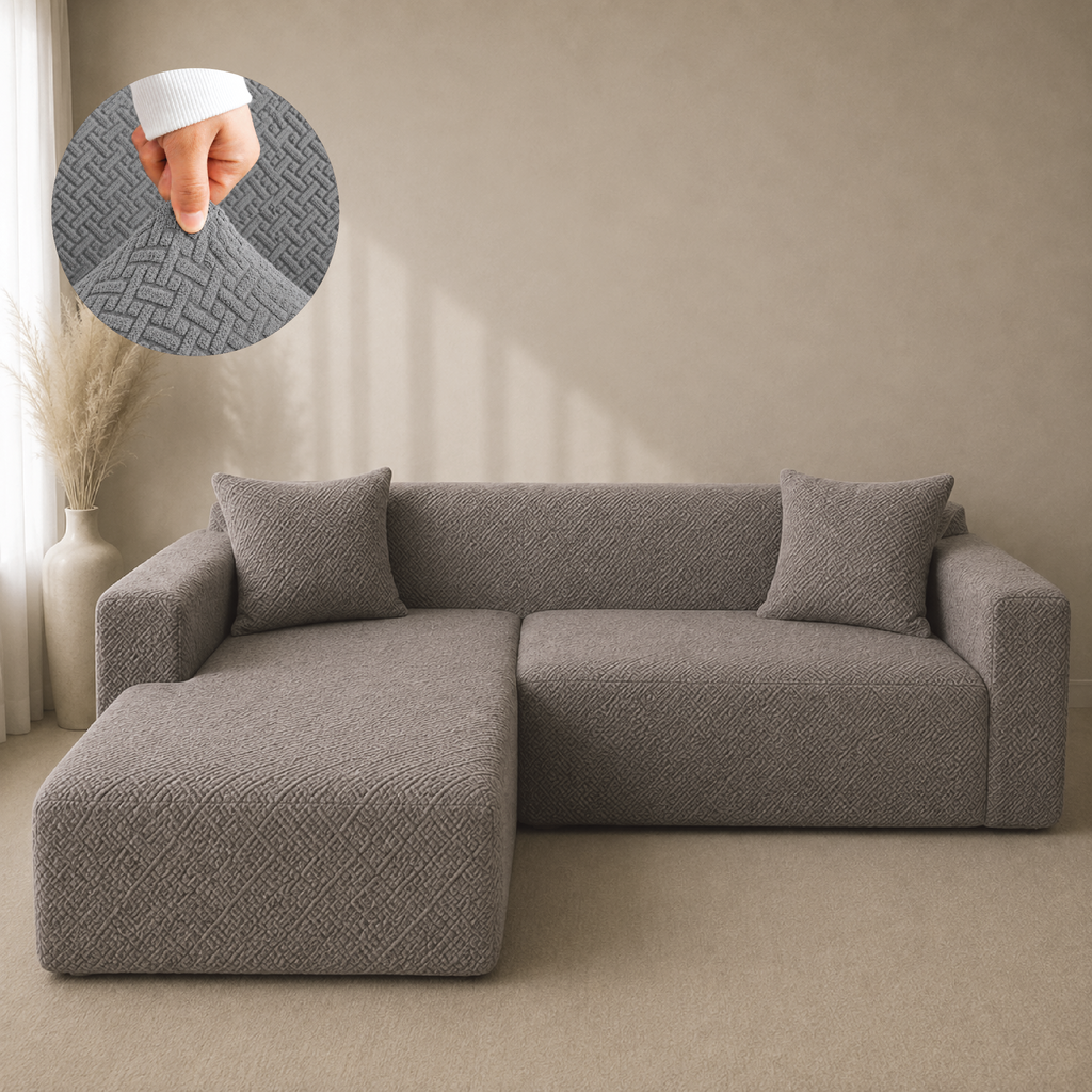 Stripe Tile Jacquard Fitted L Shape Sofa Cover - Grey