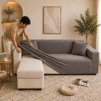 Stripe Tile Jacquard Fitted L Shape Sofa Cover - Grey