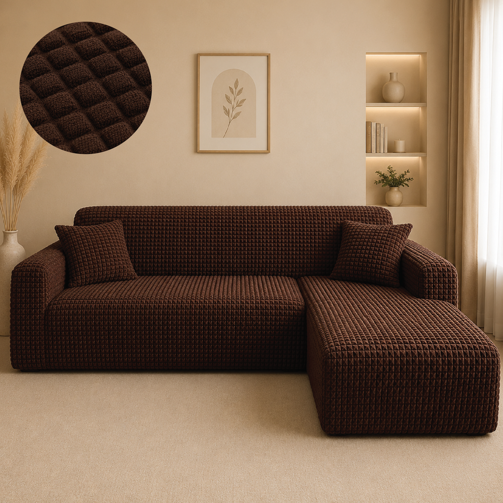 Bubble Turkish L Shape Fitted Sofa Cover Set - Brown