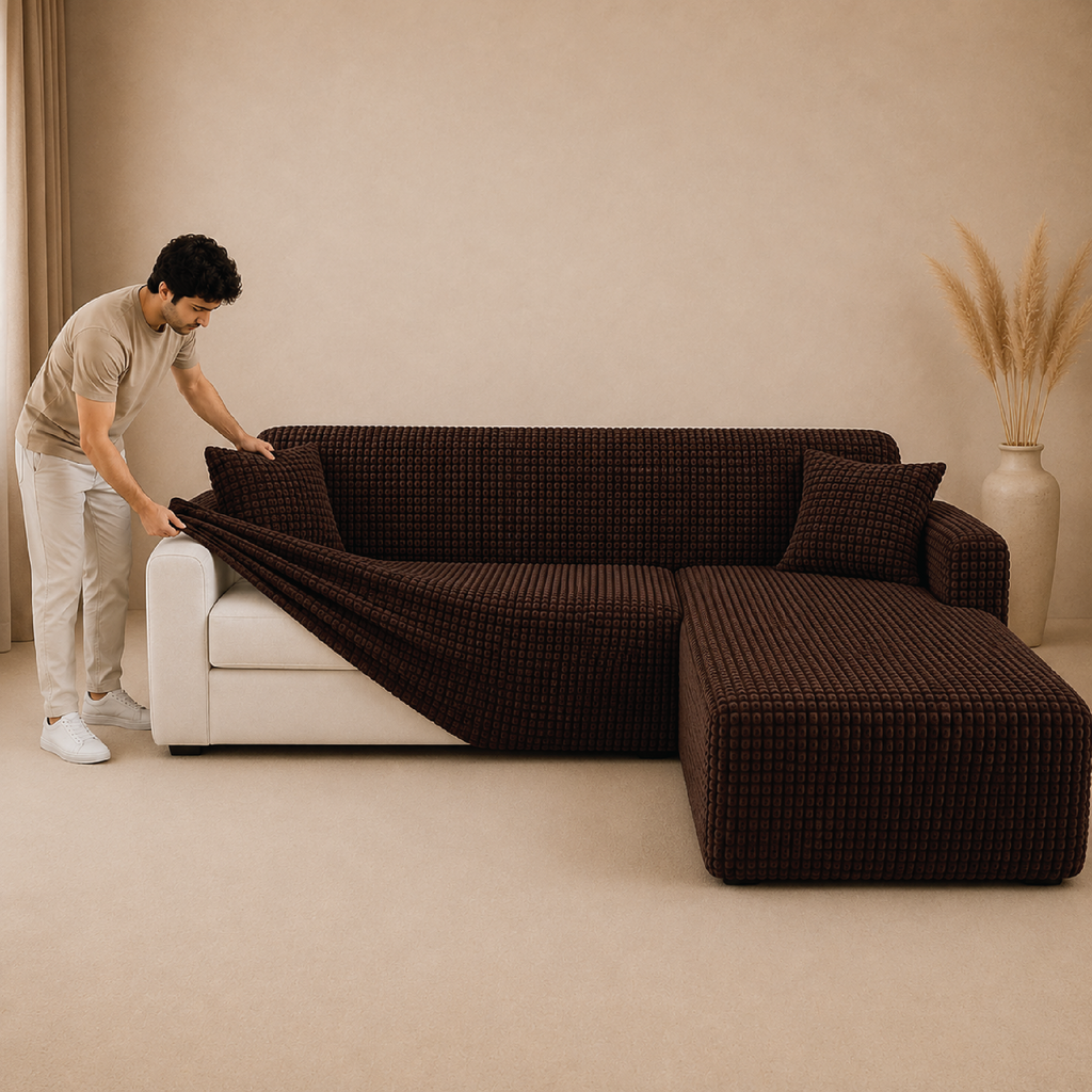 Bubble Turkish L Shape Fitted Sofa Cover Set - Brown