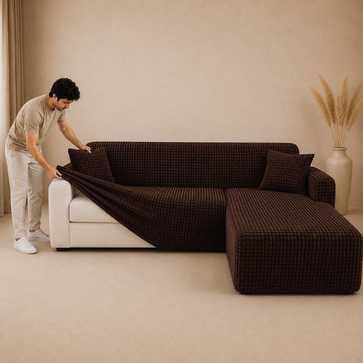 Bubble Turkish L Shape Fitted Sofa Cover Set - Brown