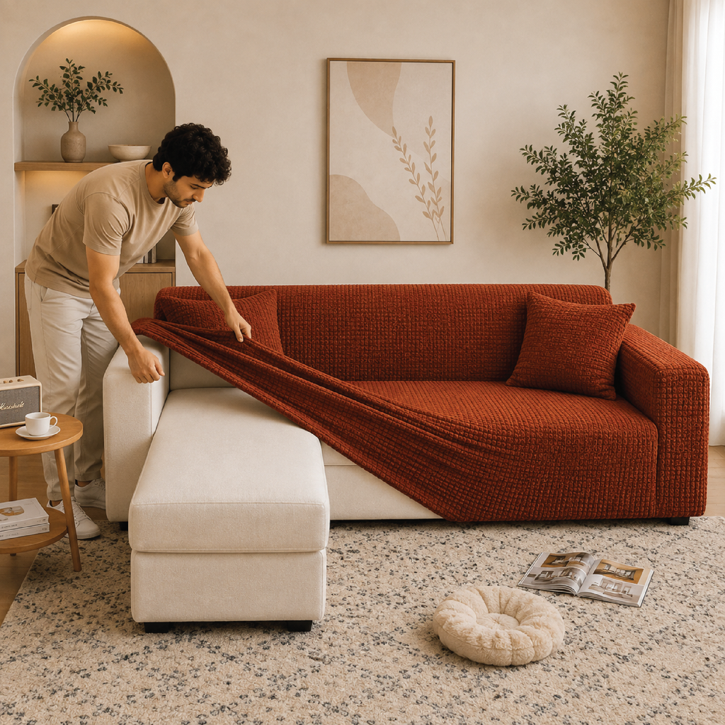 Bubble Turkish L Shape Fitted Sofa Cover Set - Copper