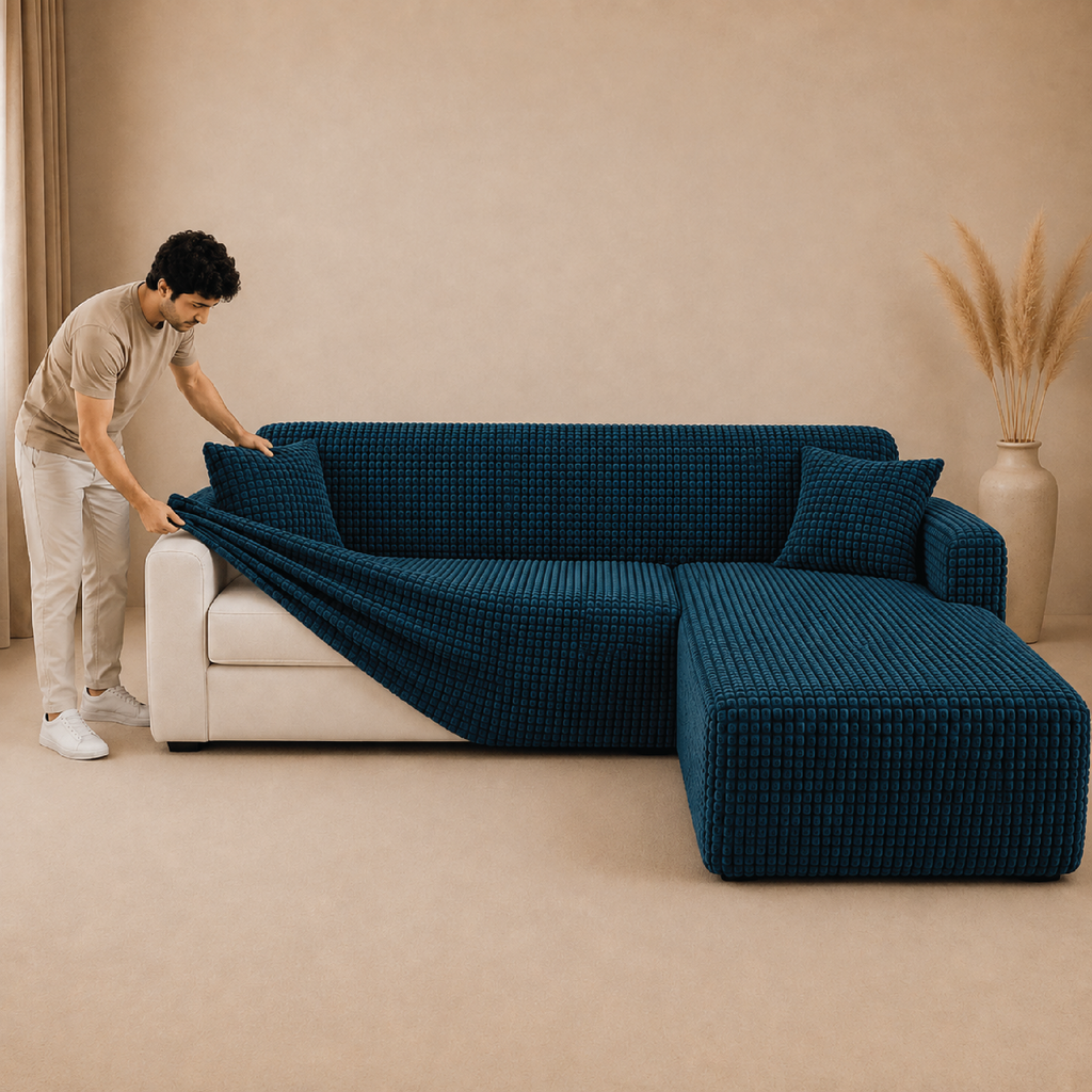 Bubble Turkish L Shape Fitted Sofa Cover Set - Zink