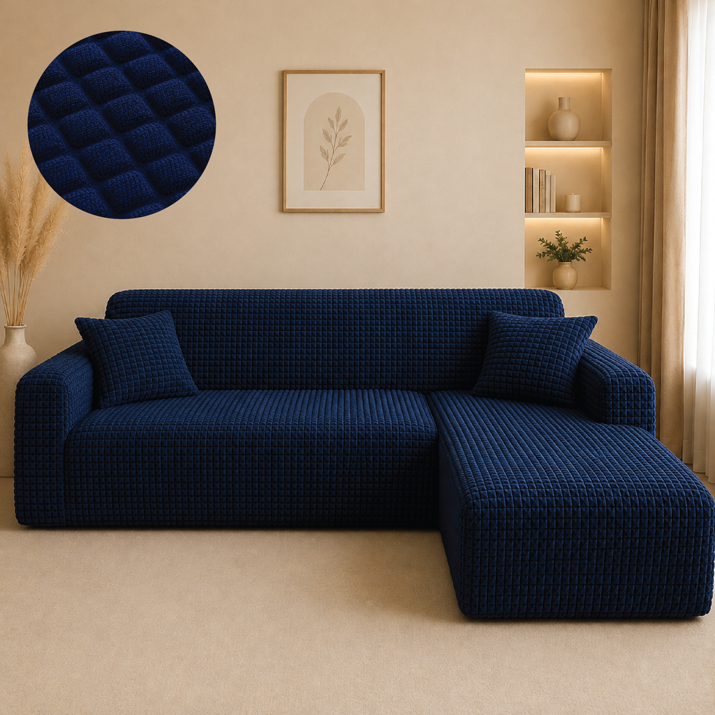 Bubble Turkish L Shape Fitted Sofa Cover Set - Blue