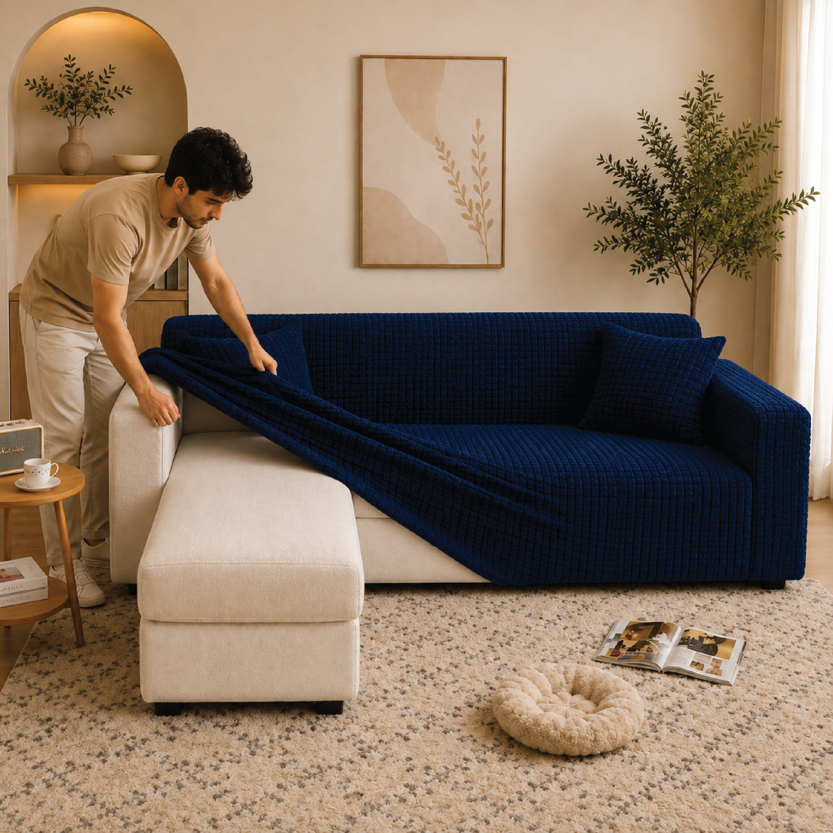 Bubble Turkish L Shape Fitted Sofa Cover Set - Blue